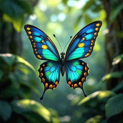 Primary subject: A blue butterfly with yellow spots.

Setting/background: A forest with green leaves and a tree trunk.

Visual style: Digital art.

Colors and mood: The butterfly has a blue and yellow color scheme, creating a vibrant and lively atmosphere.